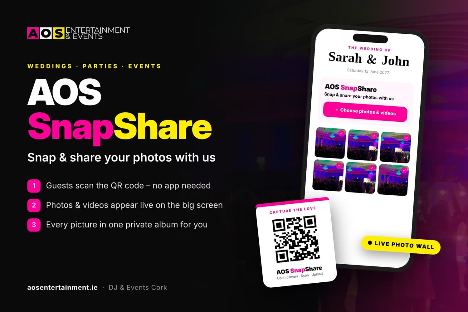 AOS SnapShare: guests scan a QR code to share wedding photos, shown on a live photo wall